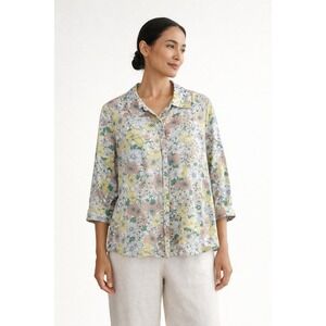 Regatta Petites Floral Button Down Shirt 3/4 Sleeve Cotton Viscose Size 14P‎